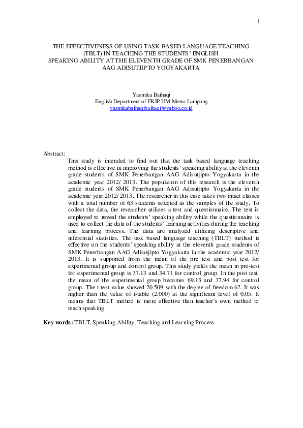 (PDF) The Effectiveness of Using Task Based Language Teaching (TBLT) in ...