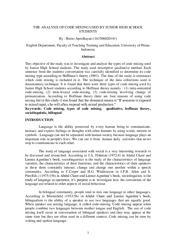 (PDF) The Analysis of Code Mixing Used by Junior High School Students