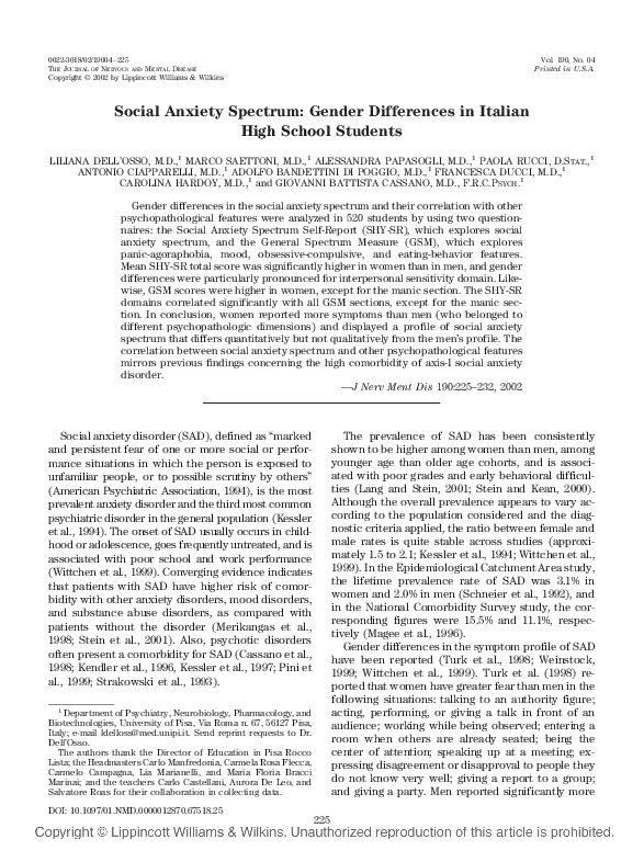 (PDF) Social Anxiety Spectrum: Gender Differences in Italian High ...
