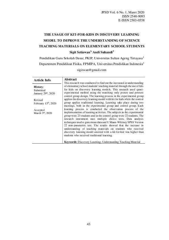 (PDF) The Usage of Kit-For-Kids in Discovery Learning Model to Improve ...