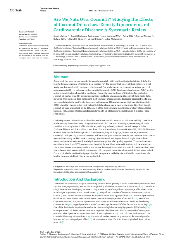 (PDF) Are We Nuts Over Coconuts? Studying the Effects of Coconut Oil on