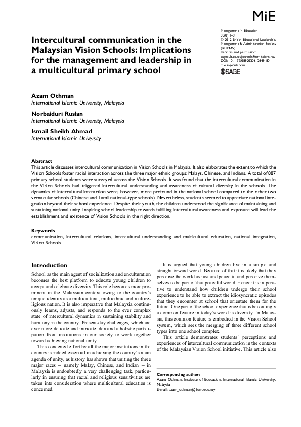 (PDF) Intercultural communication in the Malaysian Vision Schools