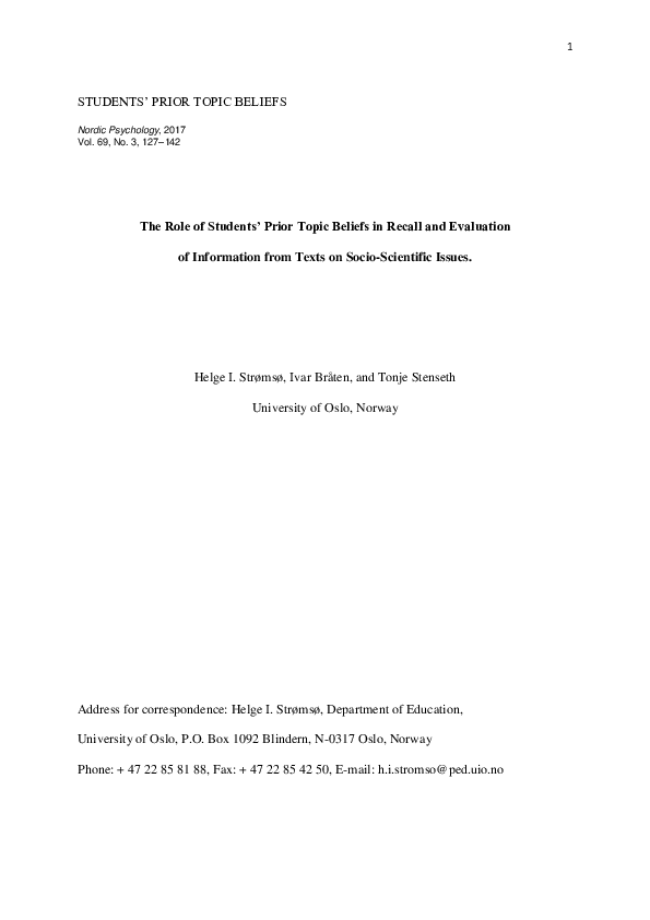 (PDF) The role of students’ prior topic beliefs in recall and ...