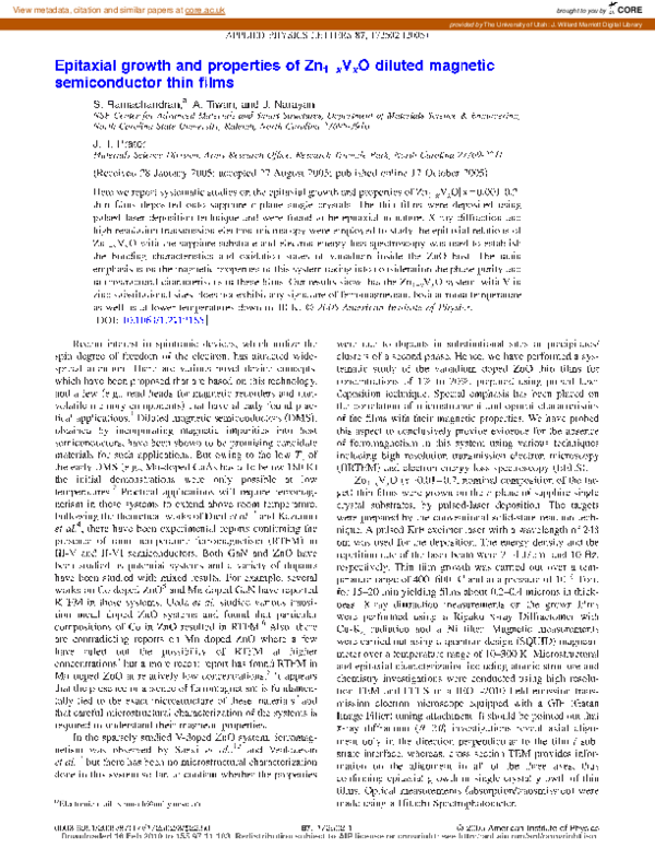 (PDF) Epitaxial growth and properties of Zn1−xVxO diluted magnetic ...