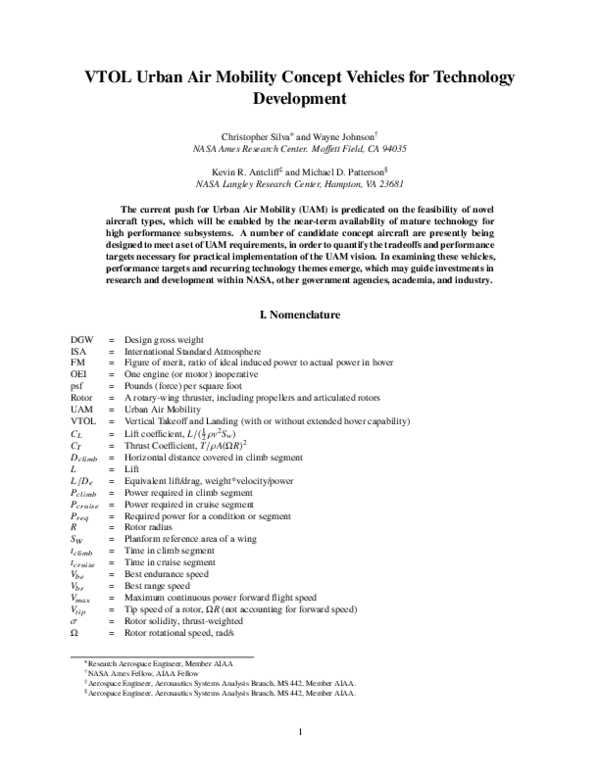 (PDF) VTOL Urban Air Mobility Concept Vehicles for Technology Development