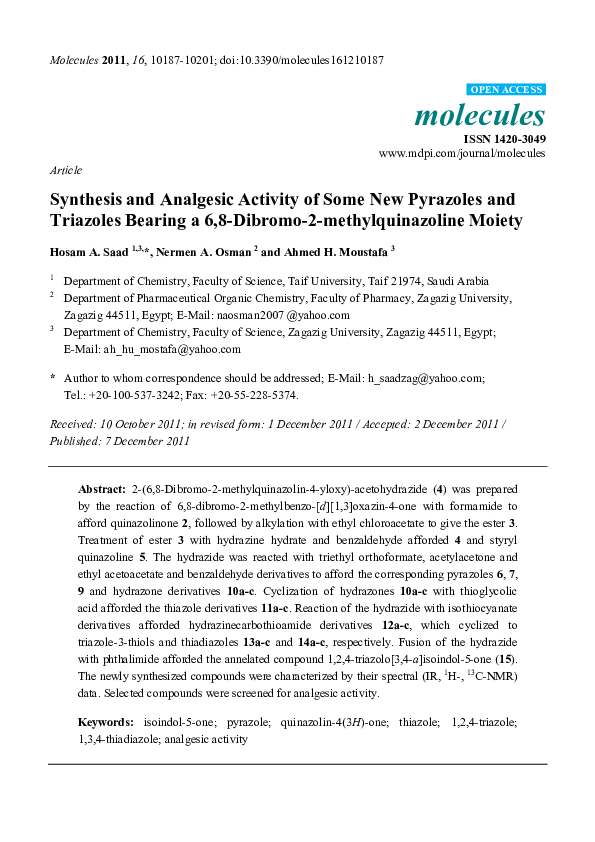 (PDF) Synthesis and Analgesic Activity of Some New Pyrazoles and ...