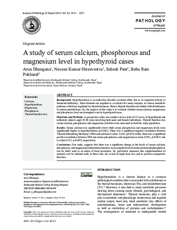 (PDF) A study of serum calcium, phosphorous and magnesium level in ...