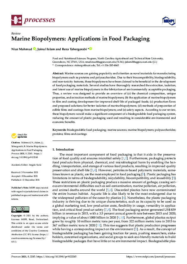 (PDF) Marine Biopolymers: Applications in Food Packaging