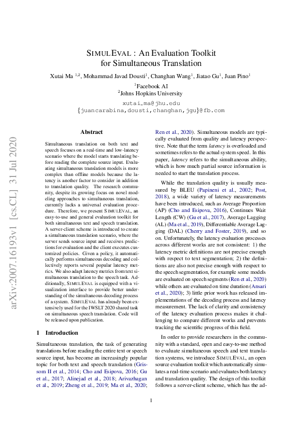 (PDF) SIMULEVAL: An Evaluation Toolkit for Simultaneous Translation