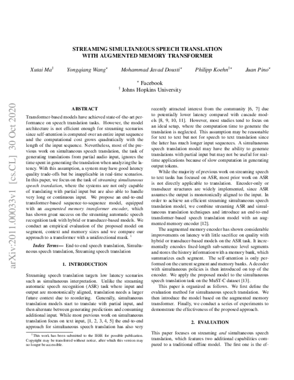 (PDF) Streaming Simultaneous Speech Translation with Augmented Memory ...