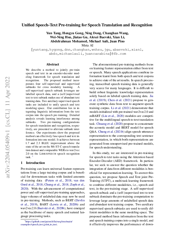 (PDF) Unified Speech-Text Pre-training for Speech Translation and ...