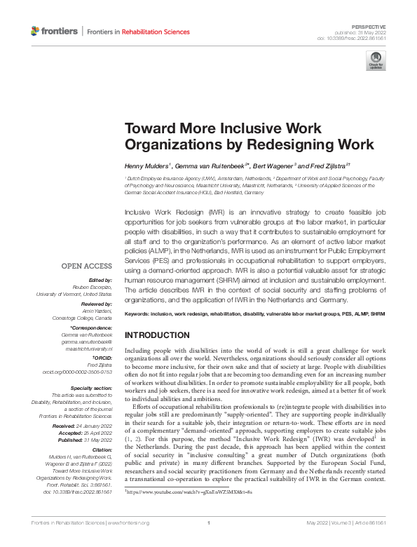 (PDF) Toward More Inclusive Work Organizations by Redesigning Work