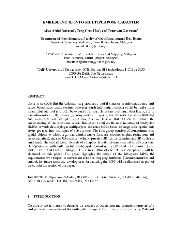 (PDF) Embedding 3 D Into Multipurpose Cadaster