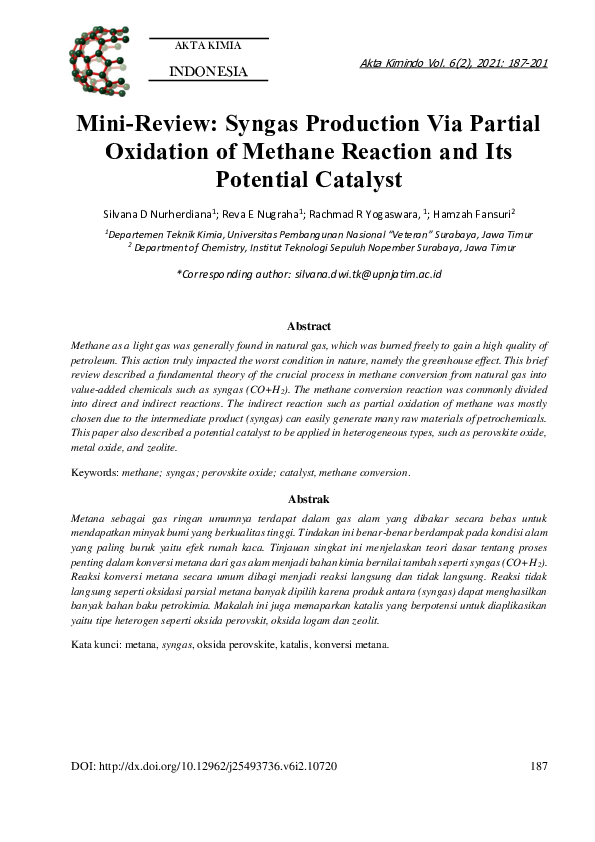 (PDF) Mini-Review: Syngas Production Via Partial Oxidation of Methane ...