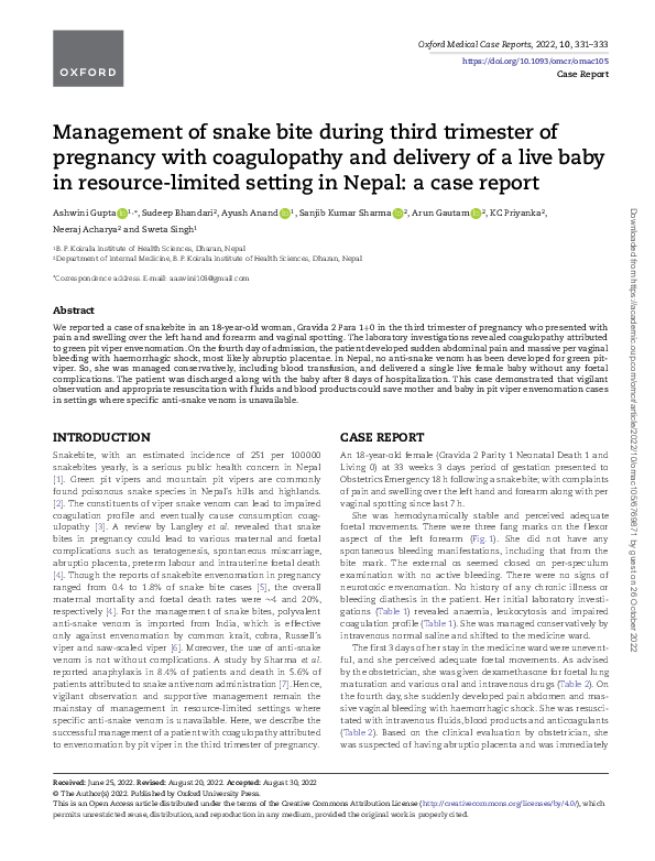 (PDF) Management of snake bite during third trimester of pregnancy with