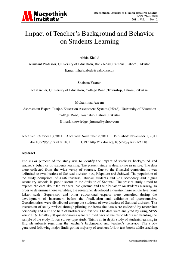 (PDF) Impact of Teacher’s Background and Behavior on Students Learning