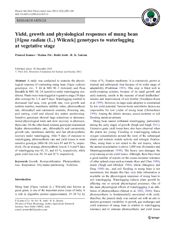 (PDF) Yield, growth and physiological responses of mung bean [Vigna ...