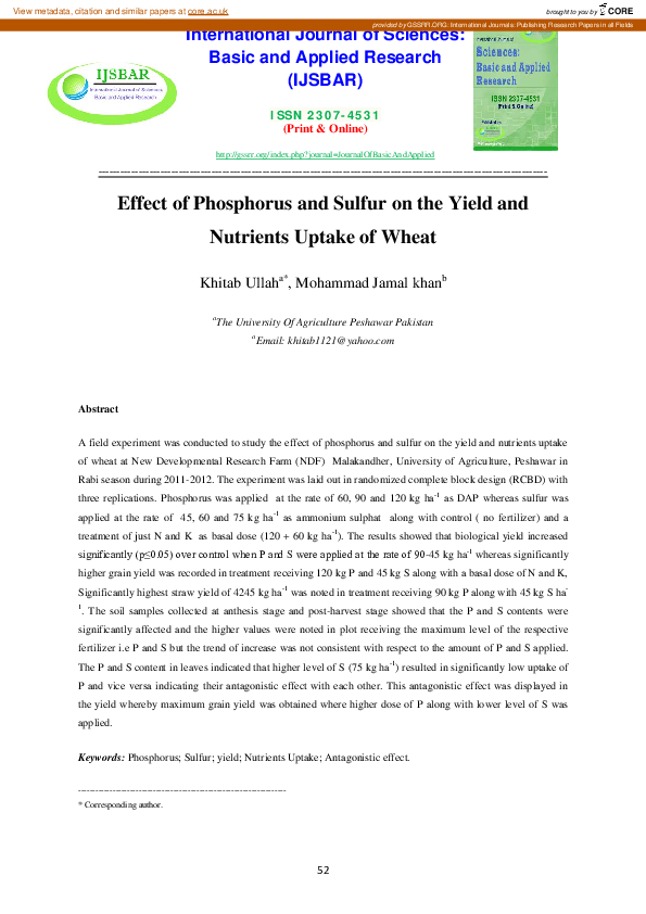 (PDF) Effect of Phosphorus and Sulfur on the Yield and Nutrients Uptake ...