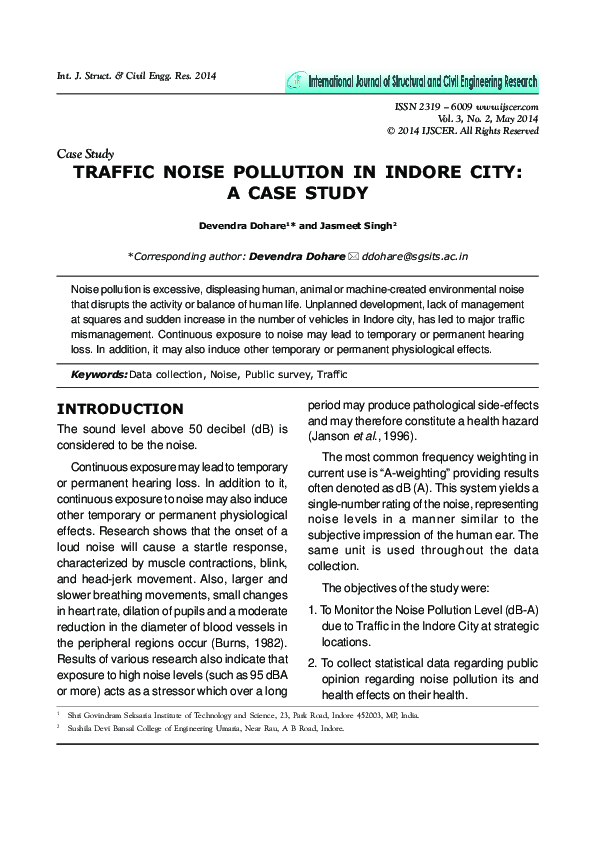 (PDF) Traffic Noise Pollution in Indore City: A Case Study