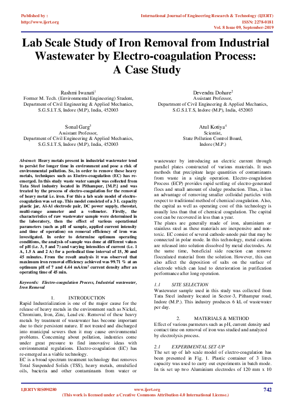 (PDF) Lab Scale Study of Iron Removal from Industrial Wastewater by ...