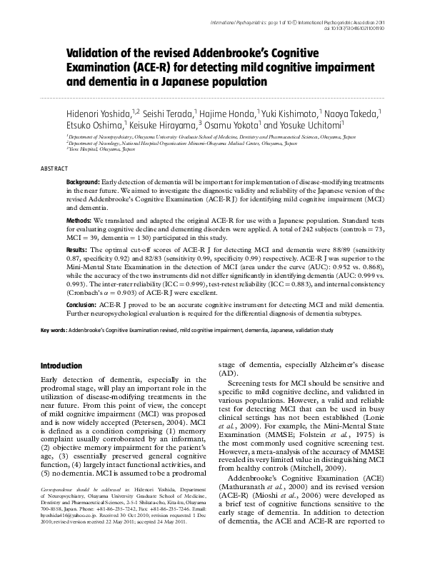 (PDF) Validation of the revised Addenbrooke's Cognitive Examination ...