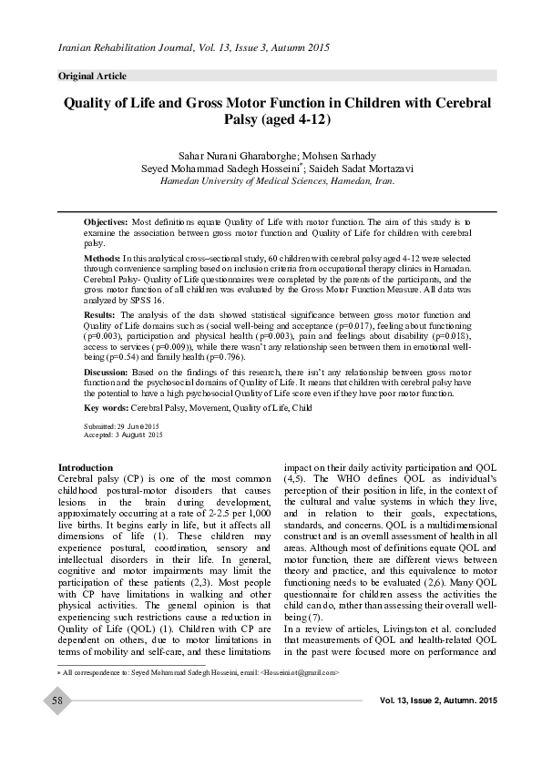 (PDF) Quality of Life and Gross Motor Function in Children with ...