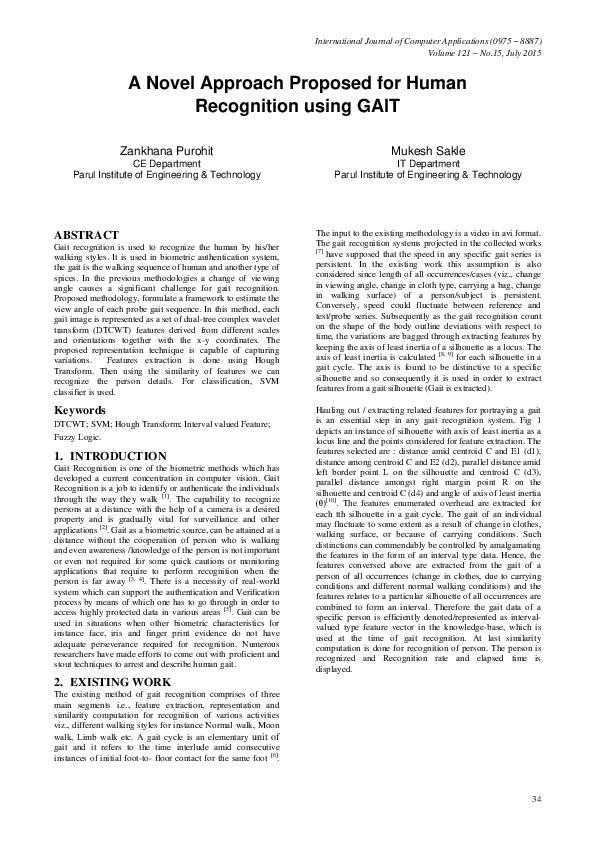 (PDF) A Novel Approach Proposed for Human Recognition using GAIT