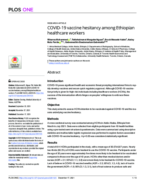 (PDF) COVID-19 vaccine hesitancy among Ethiopian healthcare workers