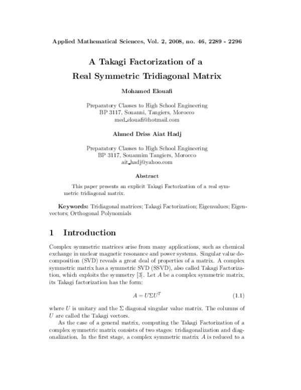 (PDF) A Takagi Factorization of a Real Symmetric Tridiagonal Matrix