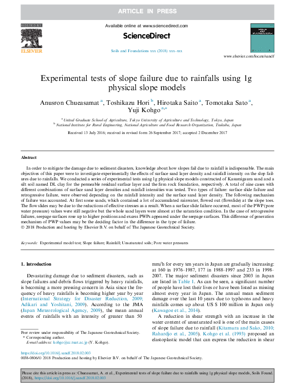 (PDF) Experimental tests of slope failure due to rainfalls using 1g ...