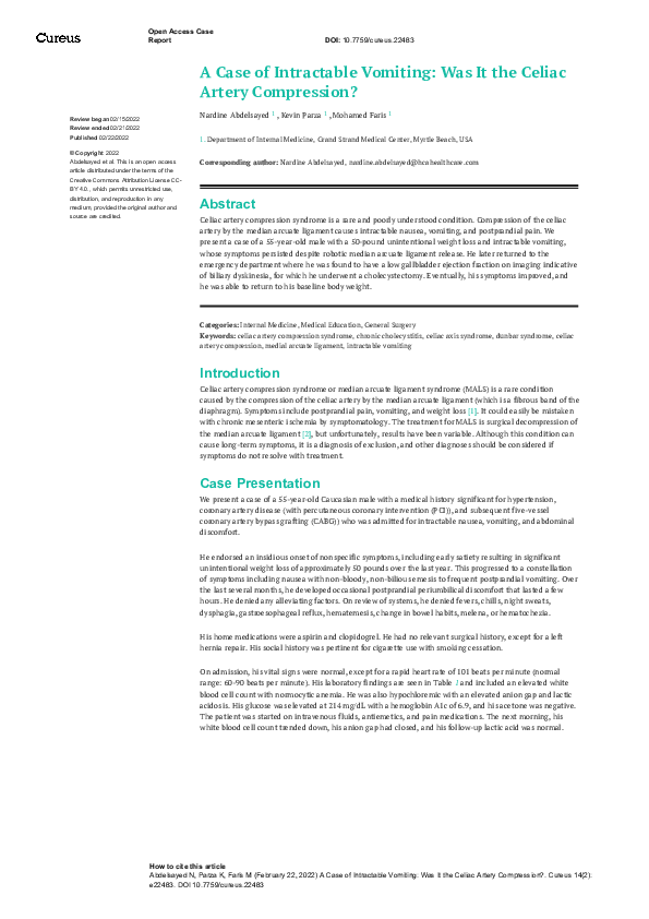 (PDF) A Case of Intractable Vomiting: Was It the Celiac Artery Compression?