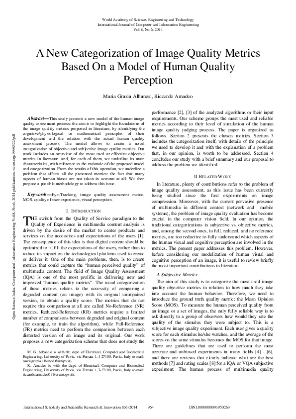 (PDF) A New Categorization of Image Quality Metrics Based on a Model of ...