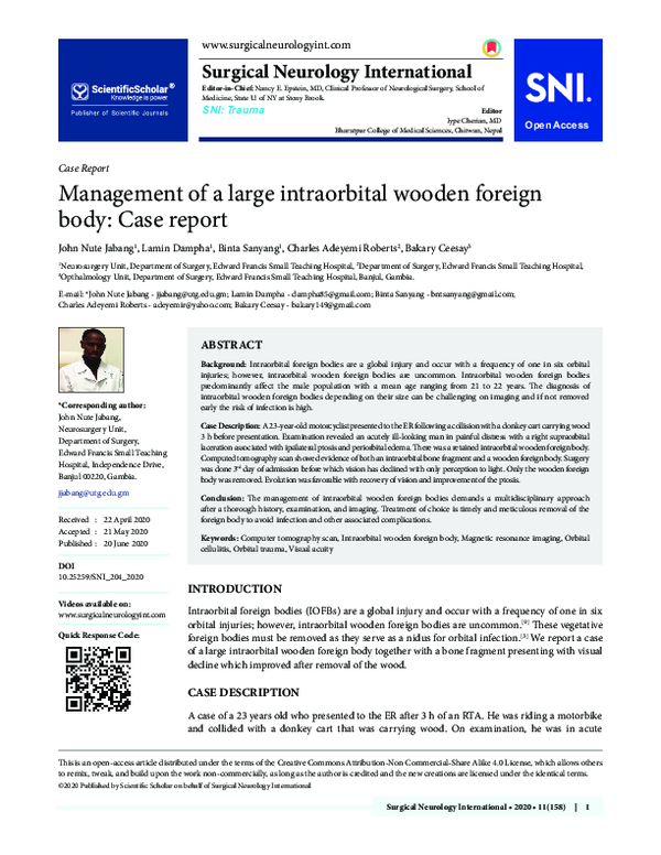 (PDF) Management of a large intraorbital wooden foreign body: Case report