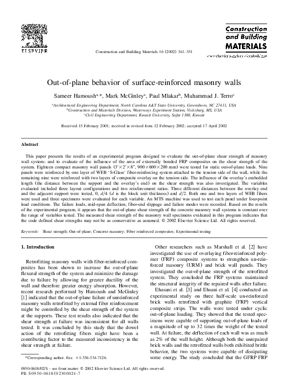 (PDF) Out-of-plane behavior of surface-reinforced masonry walls
