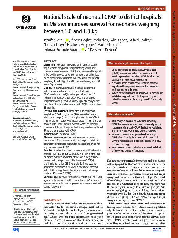 (PDF) National scale of neonatal CPAP to district hospitals in Malawi ...