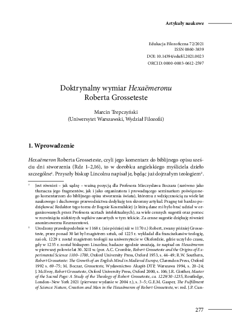 (PDF) Doktrynalny wymiar Hexaëmeronu Roberta Grosseteste [Doctrinal ...