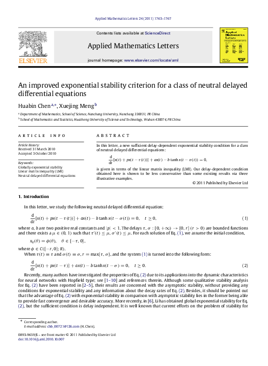 (PDF) An improved exponential stability criterion for a class of ...