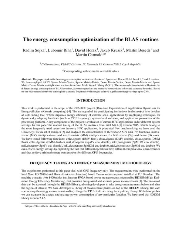 (PDF) The energy consumption optimization of the BLAS routines