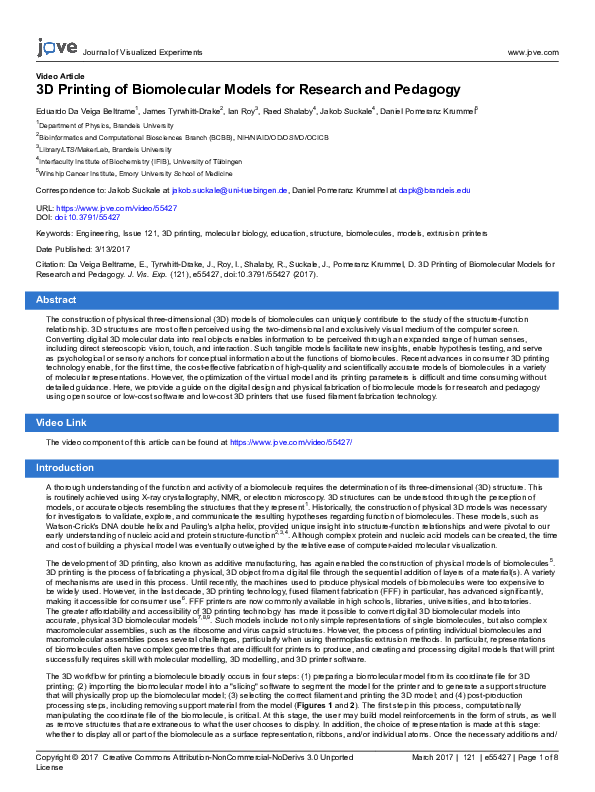 (PDF) 3D Printing of Biomolecular Models for Research and Pedagogy
