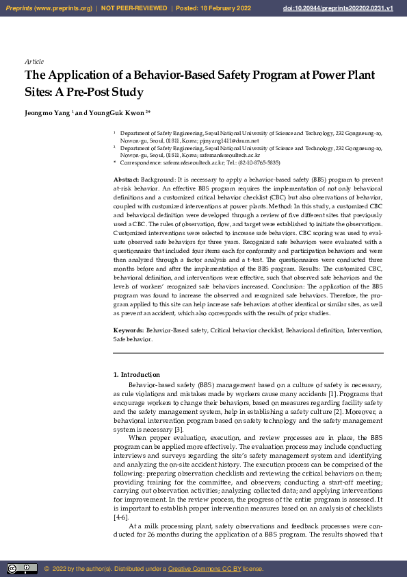 (PDF) The Application of a Behavior-Based Safety Program at Power Plant ...