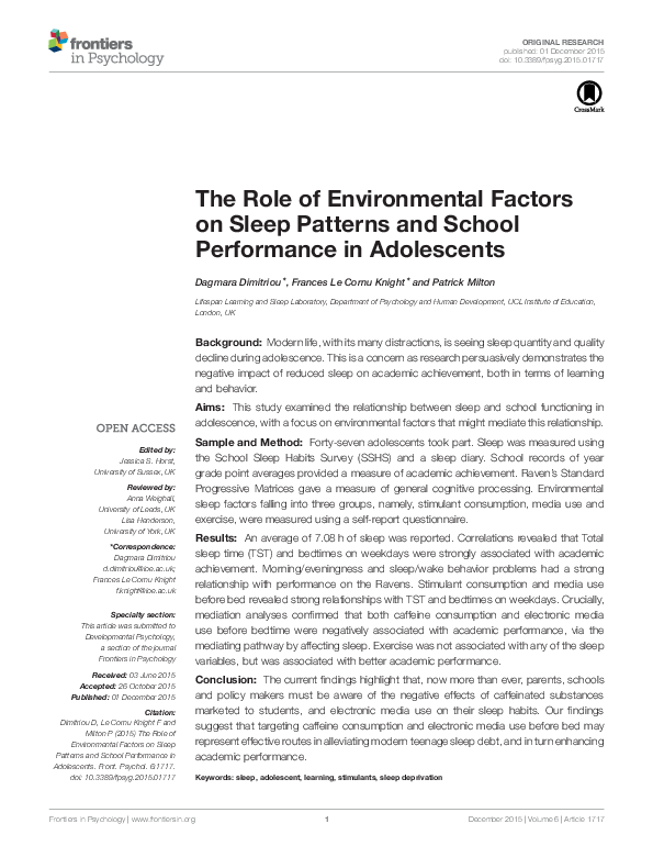 (PDF) The Role of Environmental Factors on Sleep Patterns and School ...