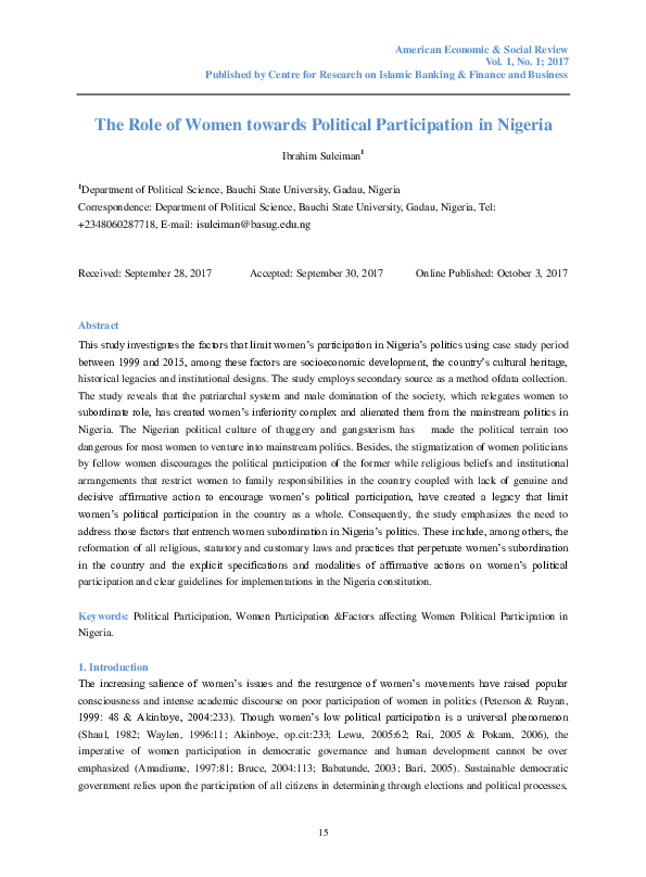 (PDF) The Role of Women towards Political Participation in Nigeria