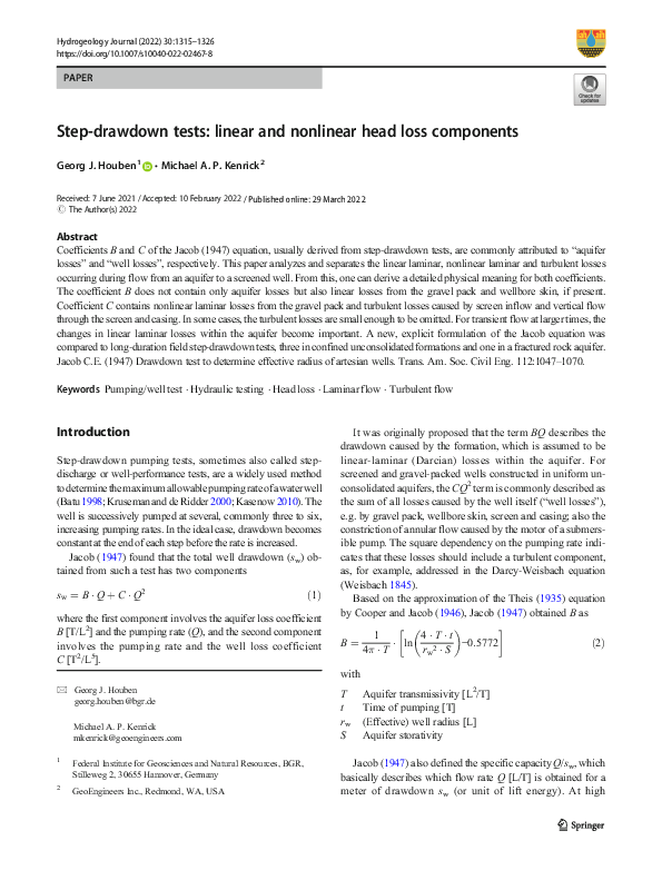 (PDF) Step-drawdown tests: linear and nonlinear head loss components