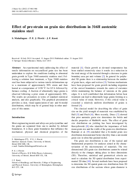 (PDF) Effect of pre-strain on grain size distributions in 316H ...