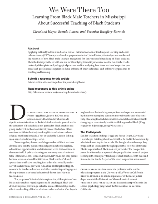 (PDF) We Were There Too: Learning from Black Male Teachers in ...