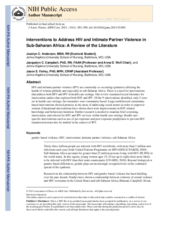 (PDF) Interventions to Address HIV and Intimate Partner Violence in Sub ...
