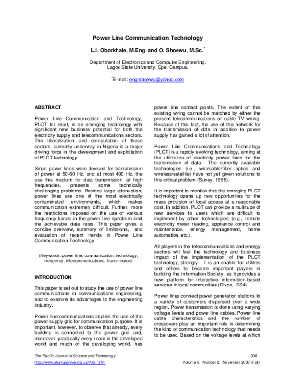 (PDF) Power Line Communication Technology