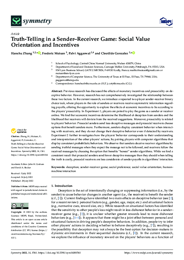 (PDF) TruthTelling in a SenderReceiver Game Social Value Orientation