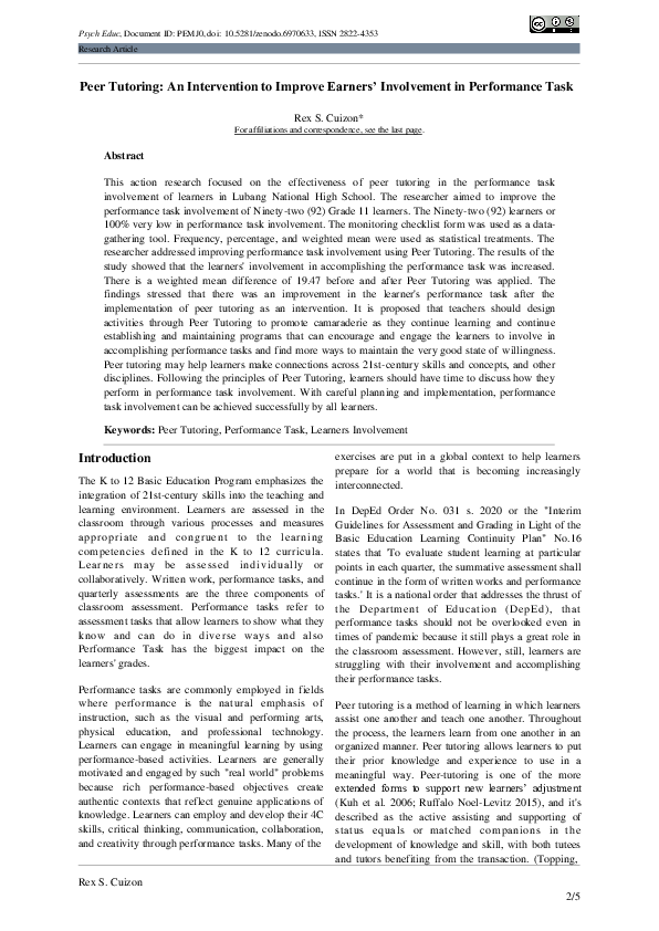 (PDF) Peer Tutoring: An Intervention to Improve Earners' Involvement in ...