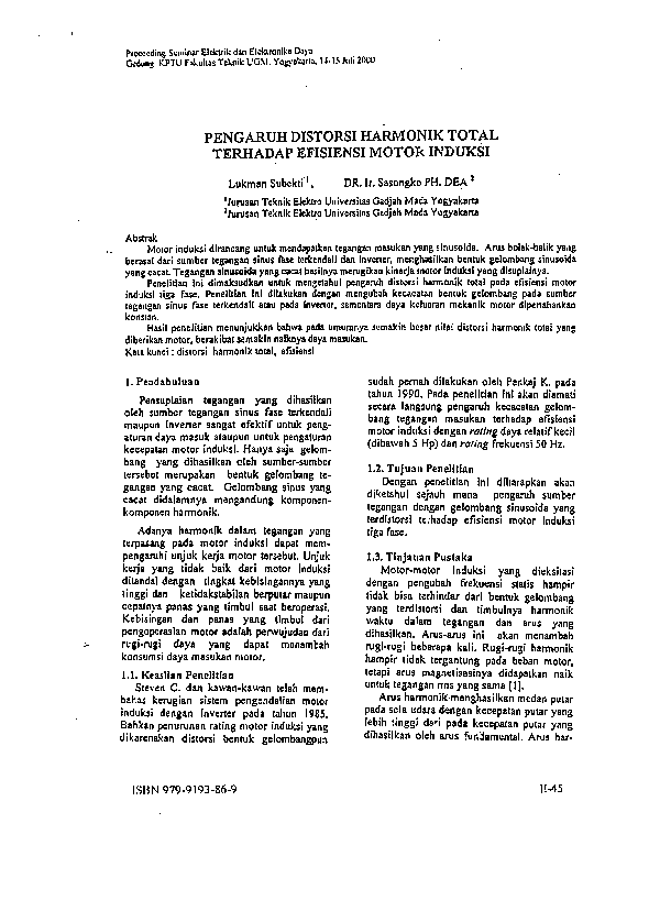 (PDF) Pengaruh Distorsi Harmonik Total terhadap Efisiensi Motor Induksi